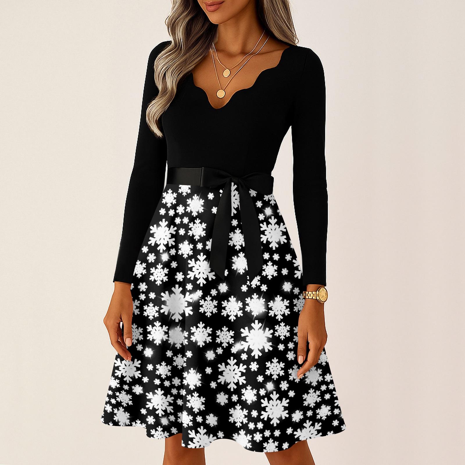 

Женские повседневные модные длинные платья с рождественским графическим принтом и длинными рукавами в винтажном стиле L чёрный