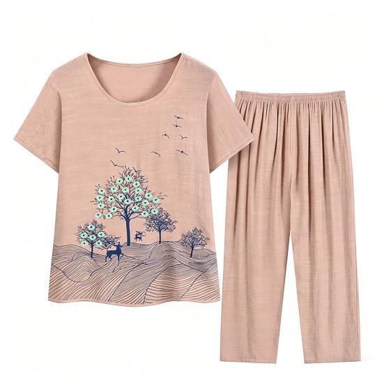 Women s Pajamas Set Crew Neck Short Sleeve Top And Cropped Pants Lounge Sets Summer Floral Sleepwear Matching Set XL верблюд