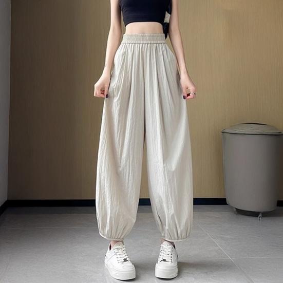 Women Pants Wide Elastic Waistband Anti-Wrinkle Fabric Loose Fit Harem Trousers with Pockets Pure Color Travel Work Pants