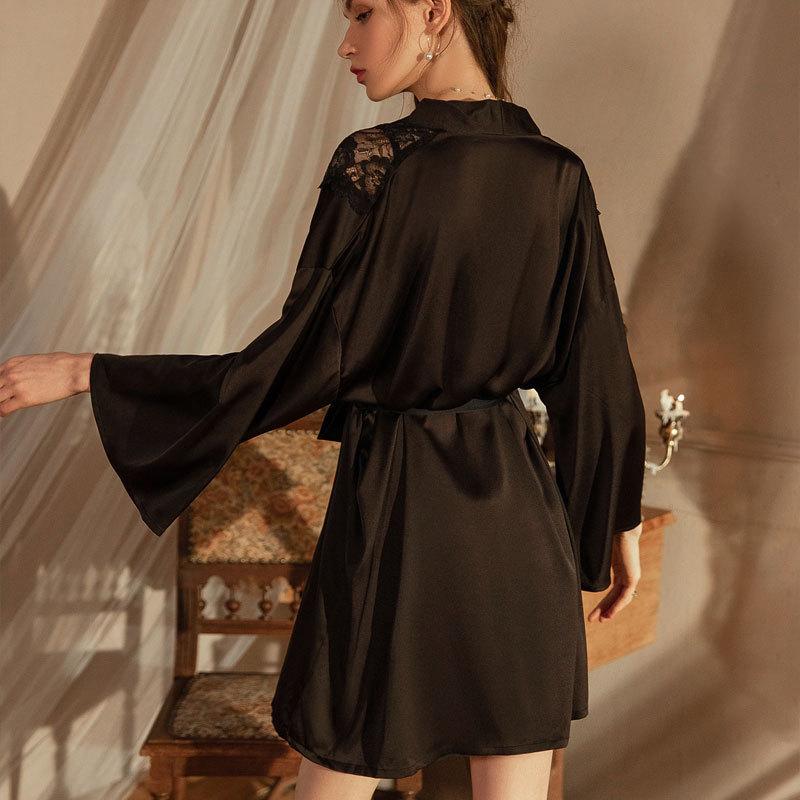 Pure Desire Style Silk-Like Robe, Sexy Pajamas, Erotic Lingerie, Lace Bathrobe, Silk Large Size Nightgown