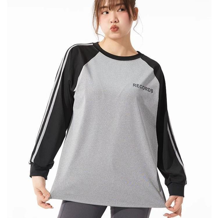 Plus Size Yoga Set: Loose Fit Color Block Long Sleeve, Hip-Covering Quick Dry for Running & Tennis.