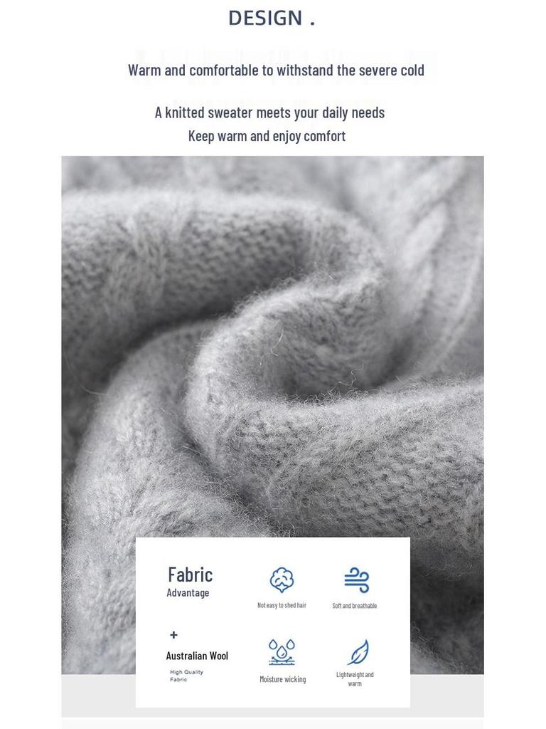 Men's British Style 100% Wool Sweater, Round Neck, 3D Cable Knit, Loose Fit, Five-Needle Thickened Casual Base Layer.