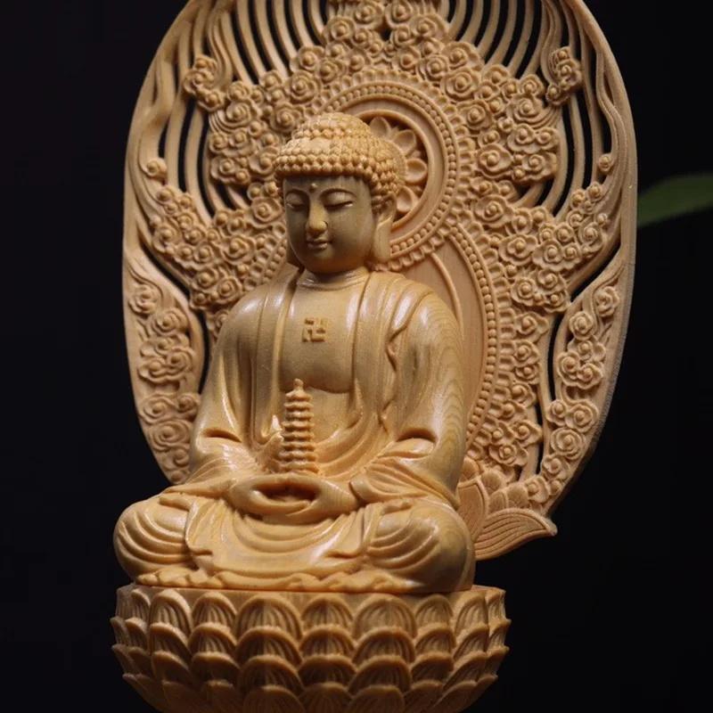 Solid wood carving Lotus Shakyamuni Buddha Statue Handmade- Chinese Buddha statue Suitable for home living room office ornaments
