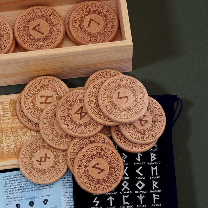 Ancient Norses Runes Stone Wooden Divination Handcarved Nordics Symbols for Spiritual Guidance Historical Recreations