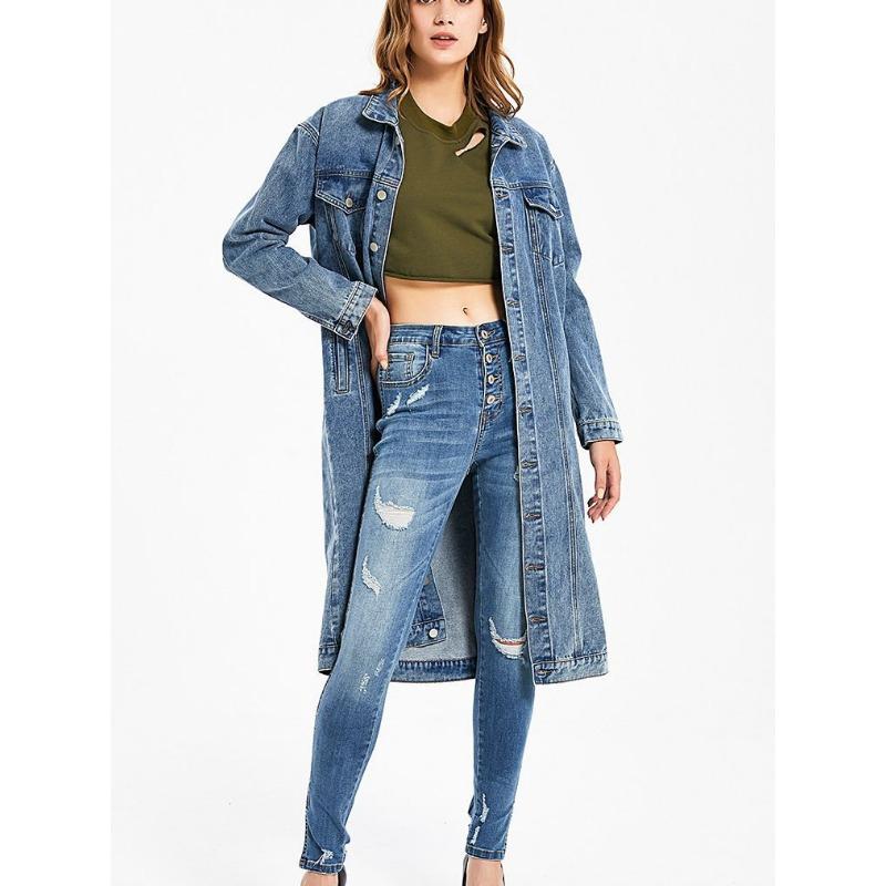 Damen Jeansjacke für Frühling und Herbst, lang, Vintage, schmale Passform, stylische Jeansjacke, lässige Streetwear-Outwear