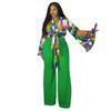 Women Plus Size Western Style Two Piece Set Flared Sleeve Top Wide Leg Pants Print