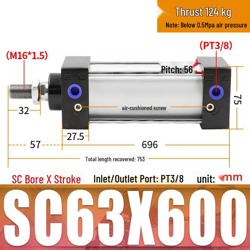SC63 High Thrust Small Pneumatic Cylinder, Model SC40/50/80/100*125X150X200X500-S