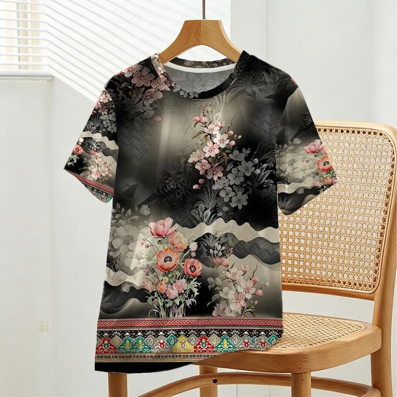 Women's Minimalist Floral Short Sleeve Top Basic & Versatile,Comfy Fabric,Ideal for Daily Wear & Shopping,Trendy Casual Top