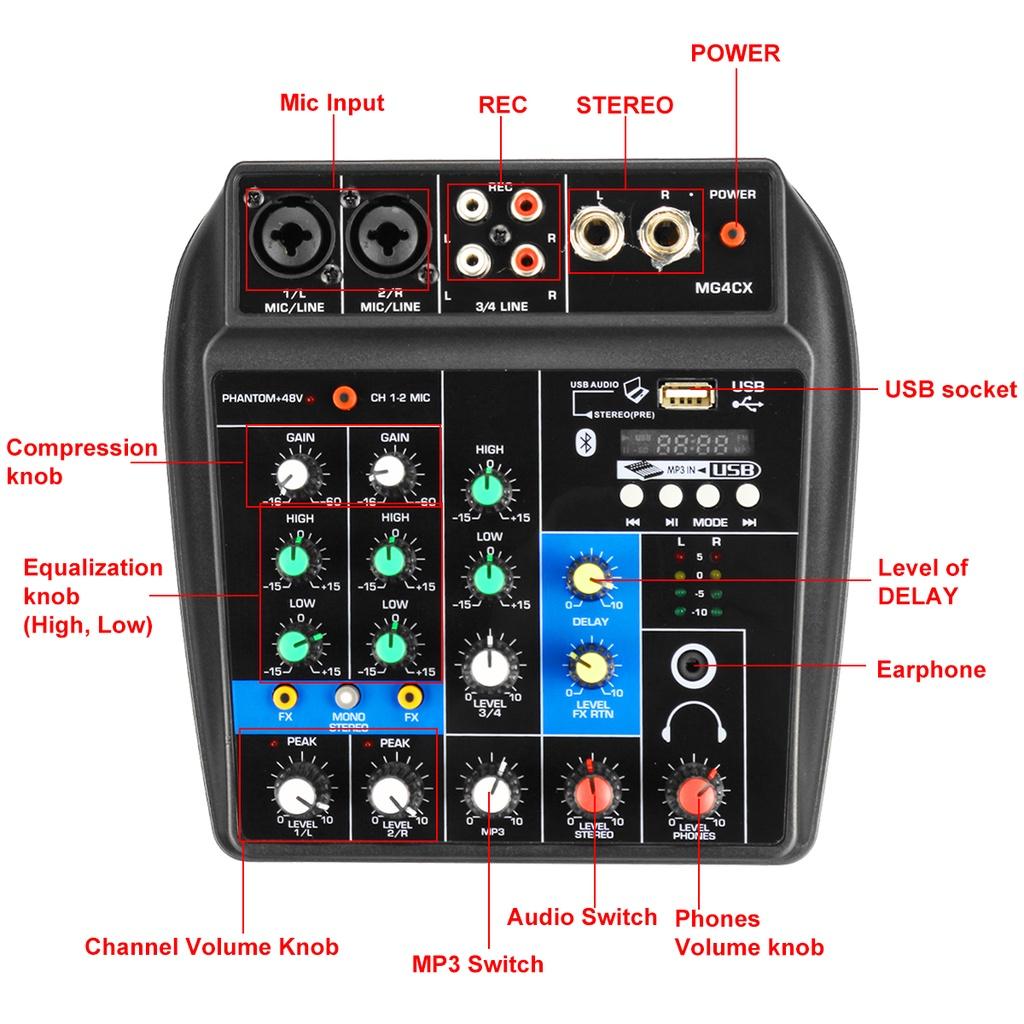 Professional Audio Mixer 4 Channel bluetooth Sound Mixing Console for Home KTV with USB Sound Effects