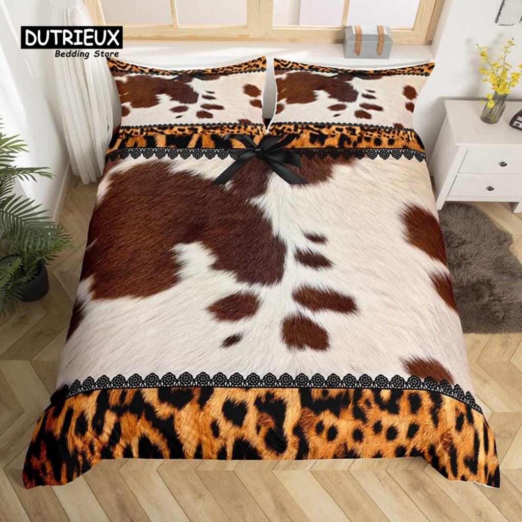 Cowhide Sunflower Duvet Cover Western Farm Animal Skin Bedding Set Microfiber Cow Fur Comforter Cover Twin For Boys Girls Room