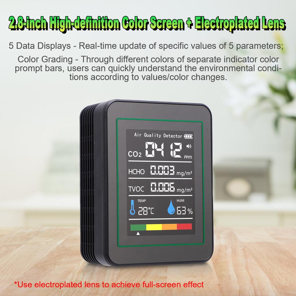5 In 1 HCHO Meter, Portable Temperature and Humidity Meter with Color Screen for Home, Office, Vehicle, Detect CO2 TVOC