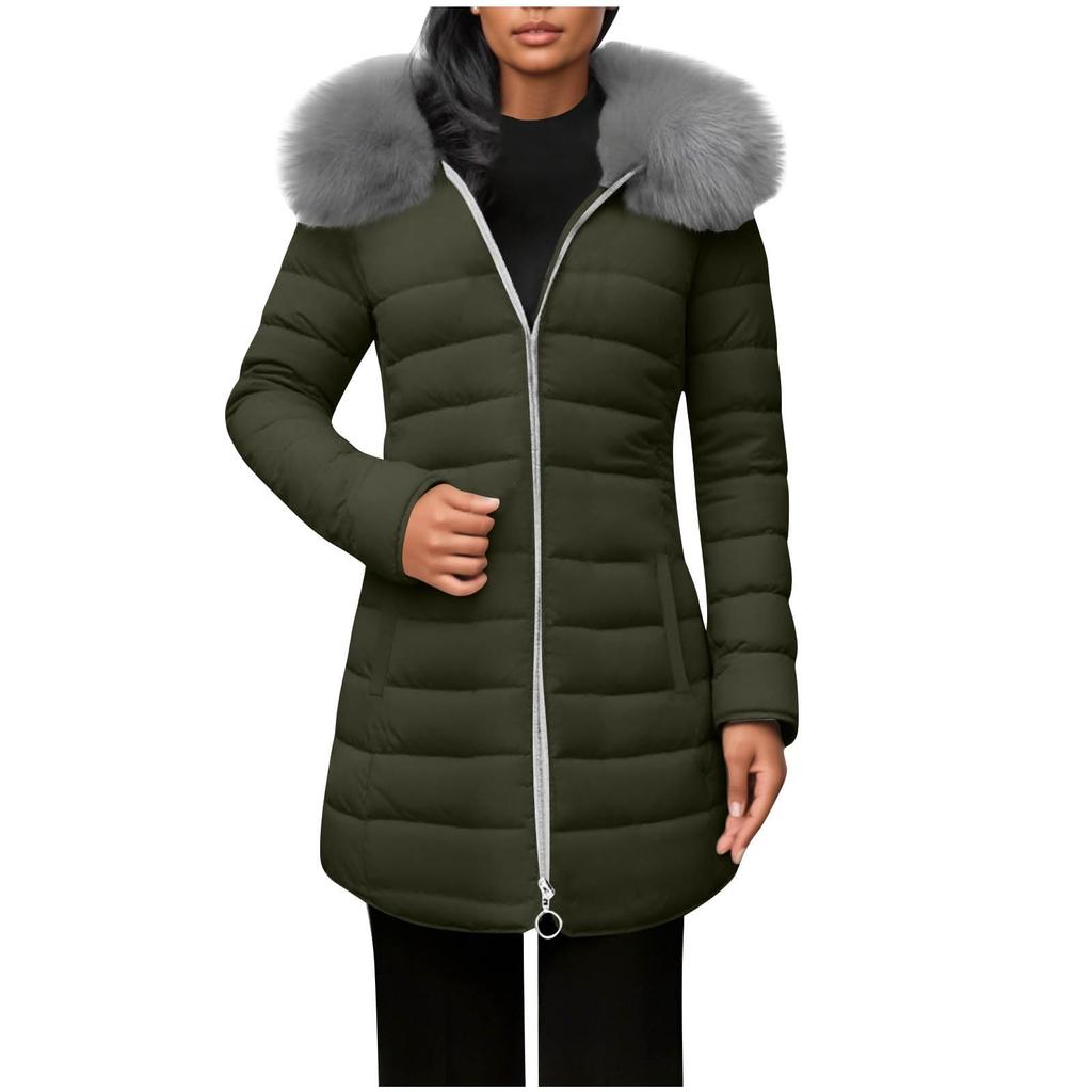 Damenmode Winter Einfarbig Langärmlig Kapuzenjacke Lang mit Reißverschluss Baumwolljacke Warmer Mantel Daunenjacke