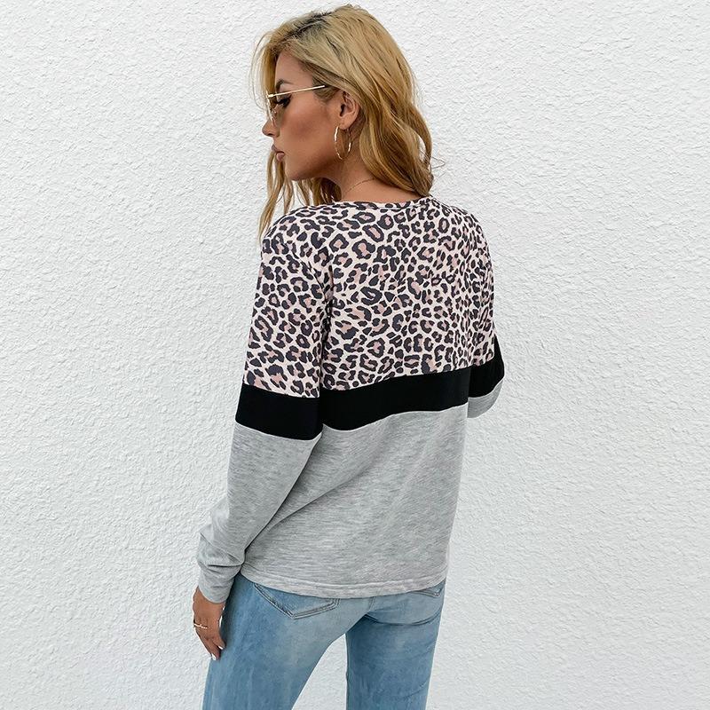 Leopard Print Patchwork Long Sleeved Top Women's V-neck Pullover Casual Hoodie Loose Simple Commut Bottoming Shirt Autumn
