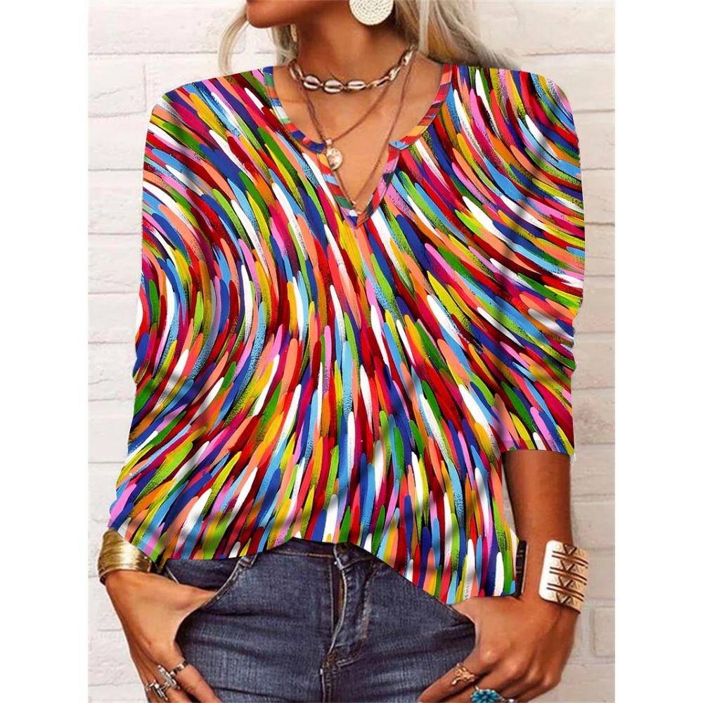 GMXIA Autumn Loose Long Sleeve Flower Bold V-neck T-shirt Base for Women