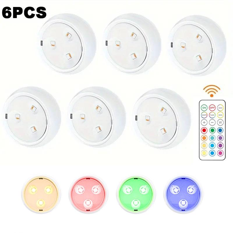 

6 шт. Різнокольорові RGB світлодіодні нічні світильники з дистанційним та сенсорним керуванням, що працюють від батарейок, для освітлення шафи, спальні, кабінету, коридору