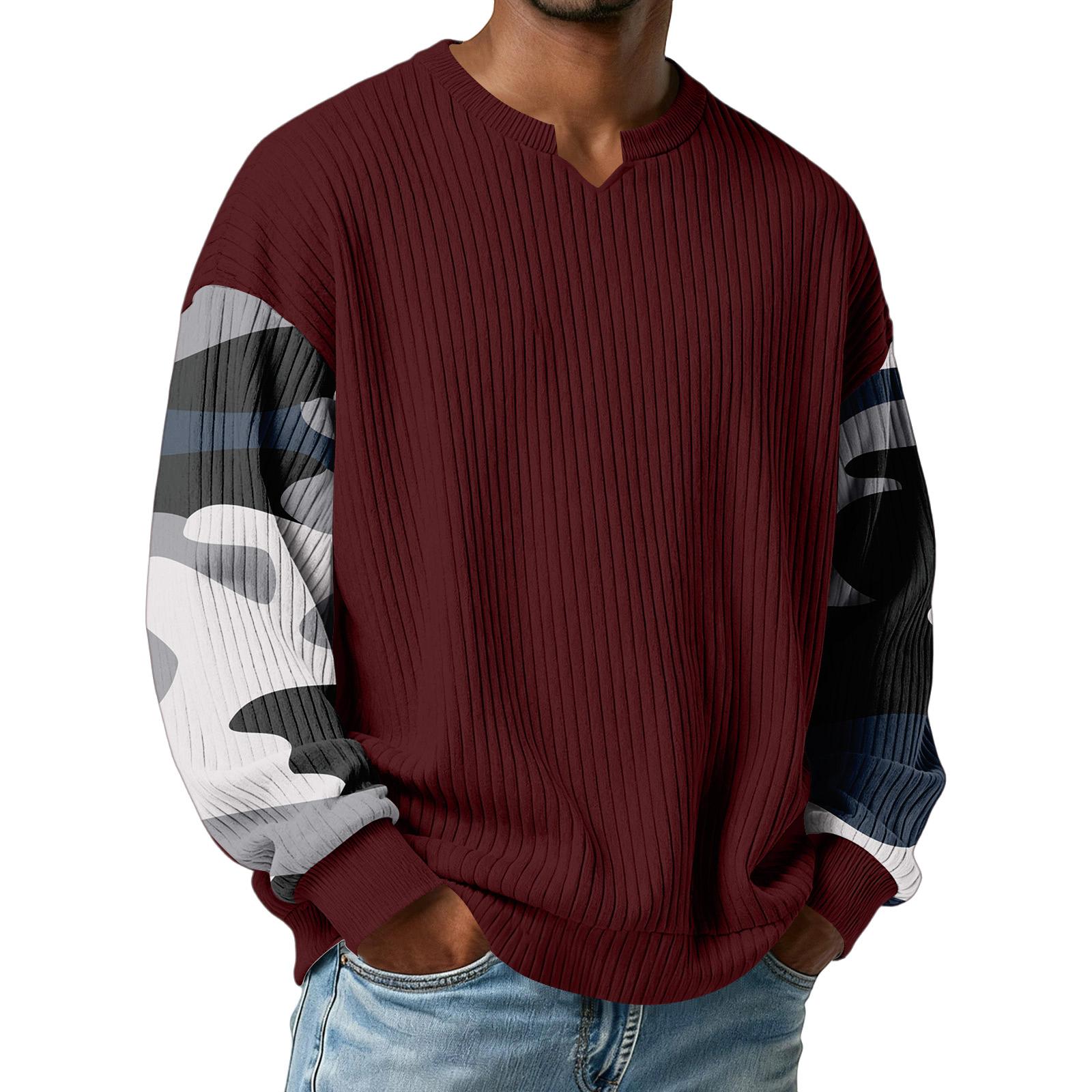 

Чоловіча камуфляжна стильна футболка з V-подібним вирізом, фактурна в рубчик, з довгим рукавом M винний