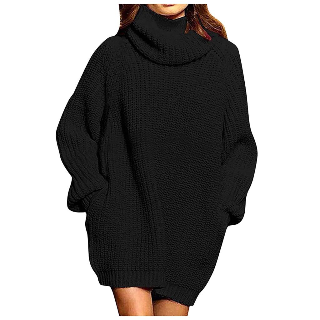 Fashion Warm Basics Long Sleeves High Neck Pocket Mid-Length Pack Hip Dress Loose Sweater Women's Knitwear