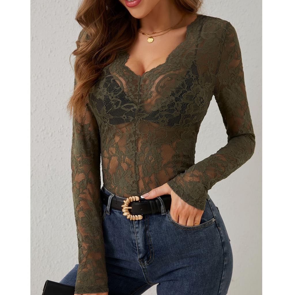 Dámská jednobarevná květinová krajka Dekorace ve tvaru vějíře Základna Malá košile Top s dlouhým rukávem