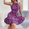 Summer Holiday Floral Long Dress Halter Neck Tie Open Backless Irregular Design Party Dress Spring Summer S-XL