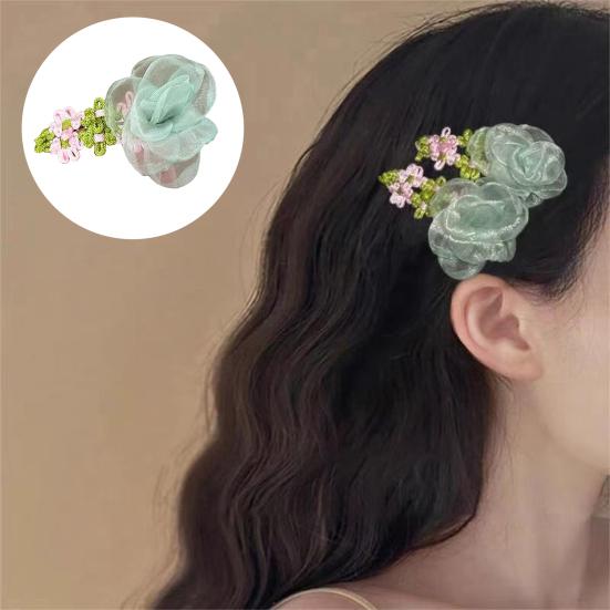 Hairpin Organza Flower Hair Clip with Hand-Crocheted Petals Leaves Sweet Style Bang Hair Pin Hair Accessories
