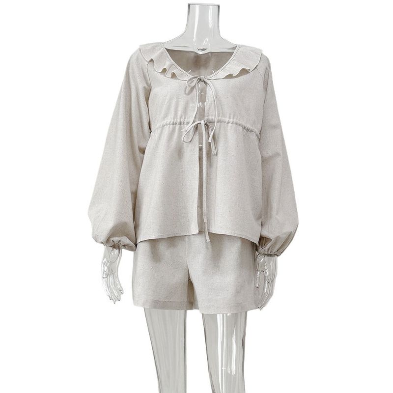 

French style Casual European and American Spring and Autumn New Fashion Cotton and Linen Set V-neck Puff sleeve Top Shorts Two-piece Set Hemp color S
