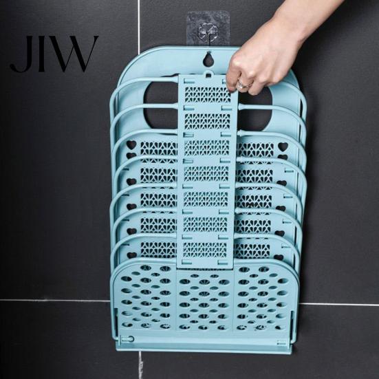Plastic Laundry Storage Container Foldable Basket, Breathable Hollow Design, Wall Mounted Narrow Space Organizer Saving Organizer, for