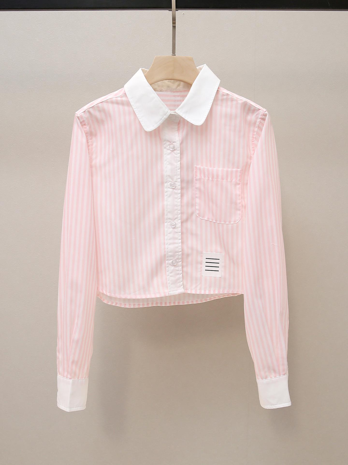 

Women s Autumn French Sweet Color Block Lapel Striped Shirt - Slim Fit, Long Sleeves S розовый