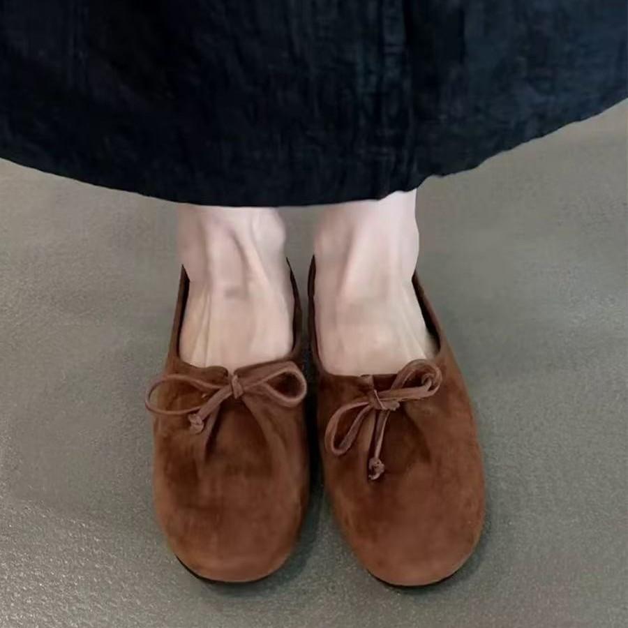 Sheepskin version~ retro niche suede bow round head loafers women's autumn 2025 versatile flat shoes