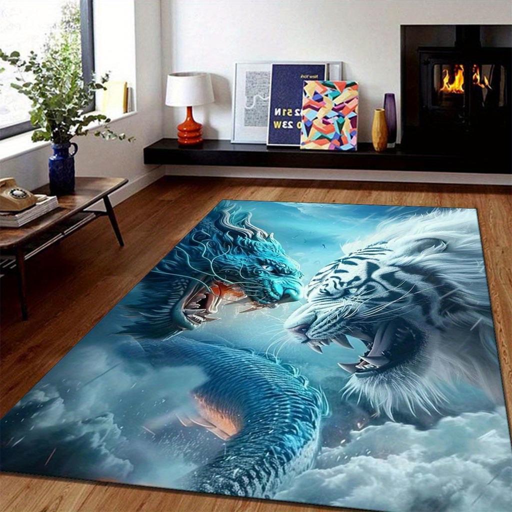 Dragon and Tiger Battle Design Area Rug, Anti-Slip Polyester Mat, Crystal Velvet, Heavy-Duty Anti-Dirty Carpet for Livin