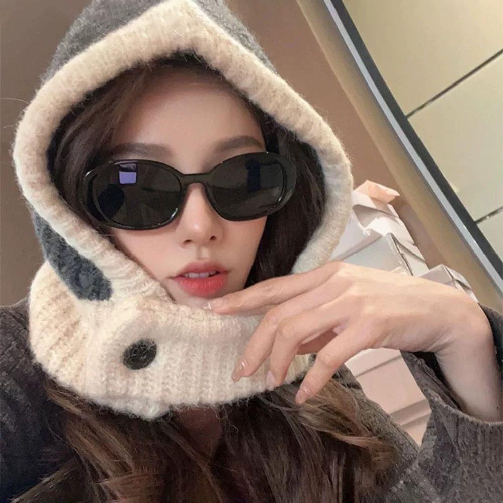 New Women Knitted Hat Balaclava Women‘s Winter Hood Warm Anti-Pilling Neck Collar Beanies CapLadies Windproof Earflaps Scarf Hat
