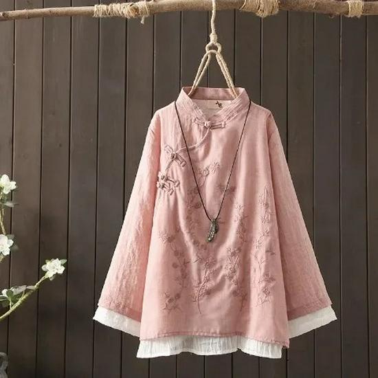 Women's 2024 Retro Embroidered Cotton-Linen Button-Up Shirt - Chinese Zen Tea Service, Loose Fit, Round Neck.