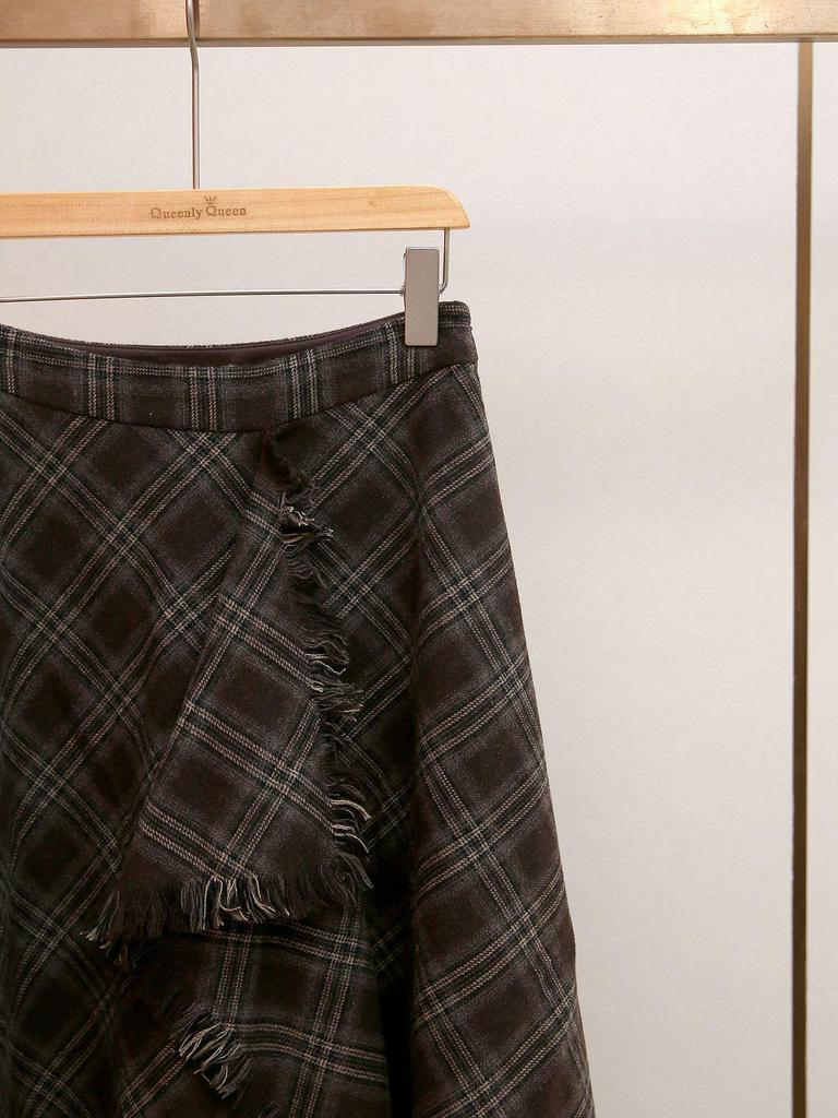 Autumn/Winter French Retro Plaid A-line Skirt with Irregular Frayed Edges