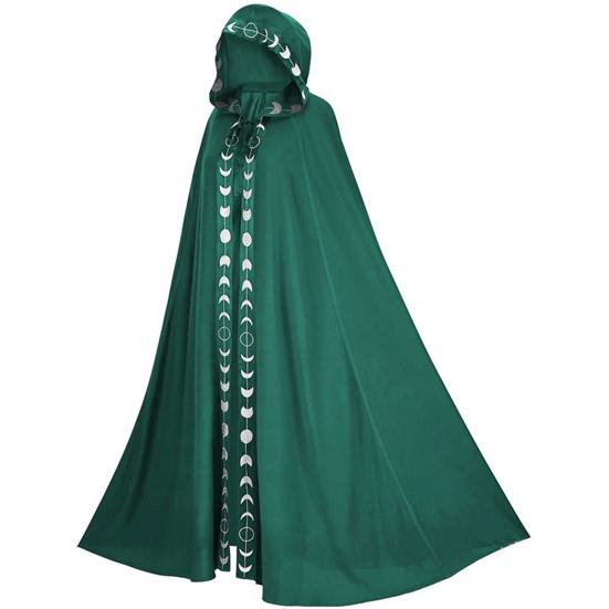 Hooded Moon Print Unisex Cloak Medieval Extra Long Lace Up Halloween Cape Cosplay Costume