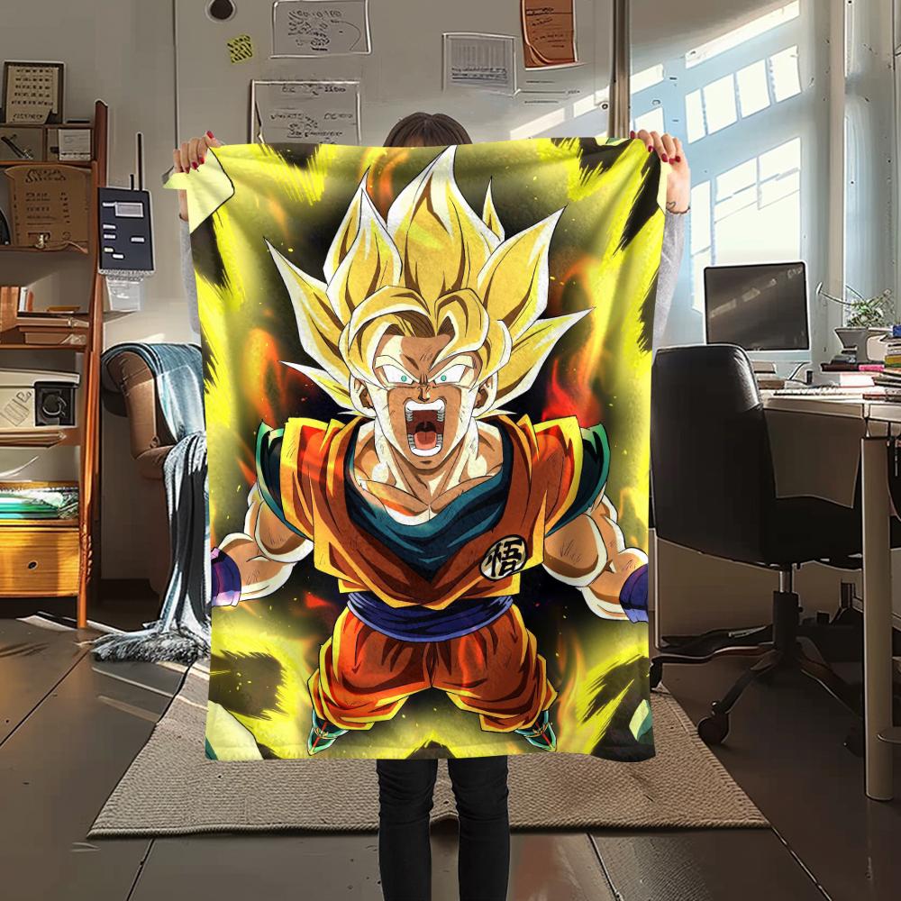 Cartoon Goku Pattern Flannel Blanket, High Quality Comfortable for All Seasons, Home Decor, Warmth and Comfort, Perfect for Gifts.