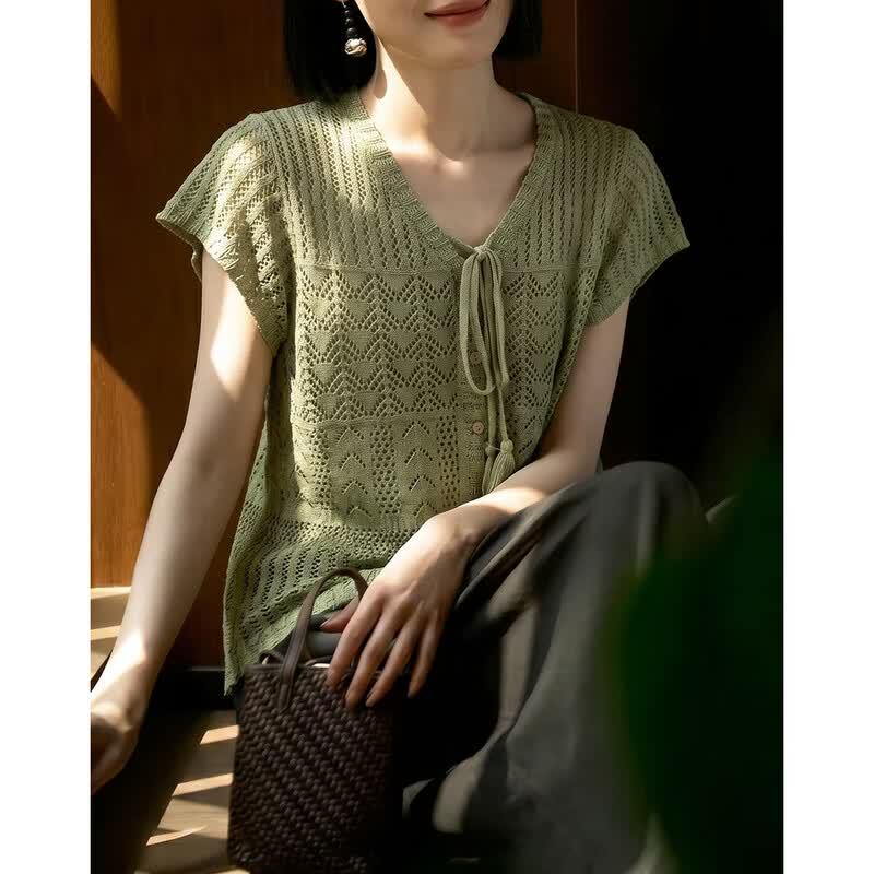 Mint Green Jacquard V-Neck Knit Cardigan M