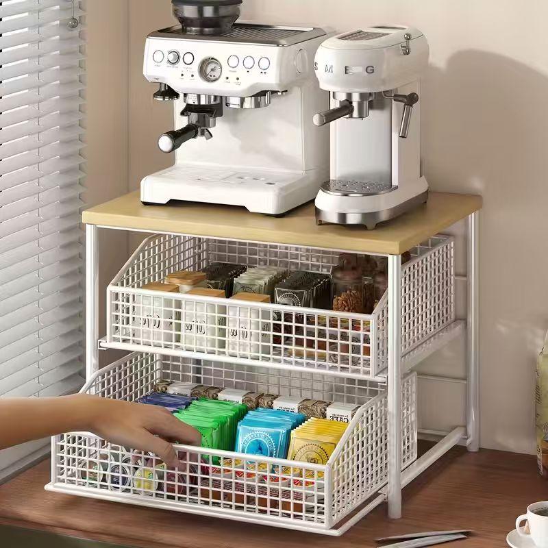 1pc Space-Saving Kitchen Countertop Organizer with Drawer and Metal Basket - Sturdy Solid Wood and Metal Multi-Layer Storage
