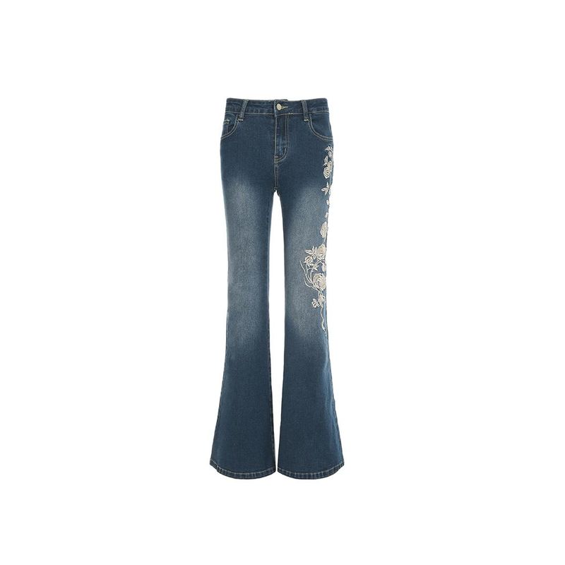 H's European and American Women's Clothing Millennium Retro Thorn Rose Embroider Washed Denim Women's Tight Blue Bell-Bottom Pants Tide