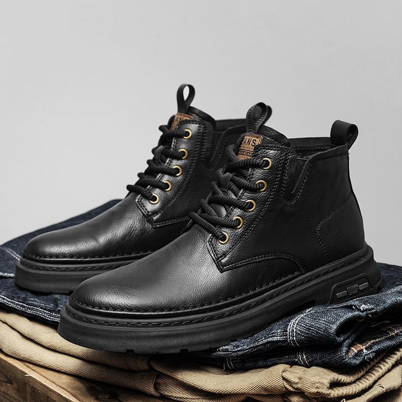 Nové business kotníkové boty pro muže Neformální ploché značkové boty Šněrovací módní Kožené boty Zimní protiskluzové vysoké boty na nářadí