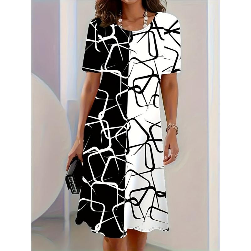 Plus Size, Plus Size Floral Digital Print Vacation Women's Round Neck Dress