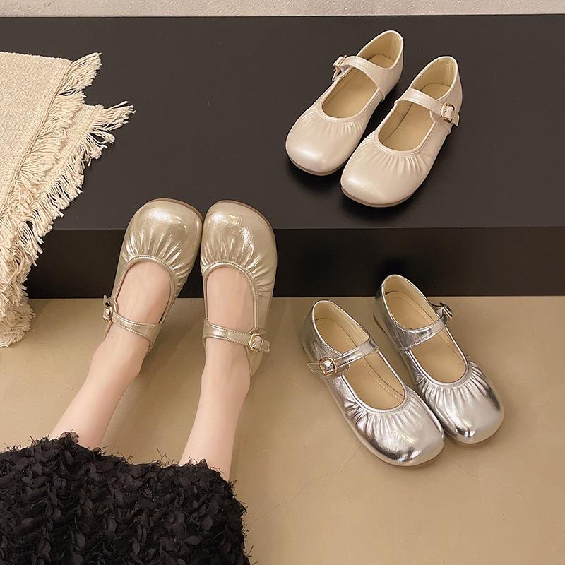 Geplooide flats dames zomer nieuw met rok ronde neus Mary Jane enkele schoenen kleine leren schoenen