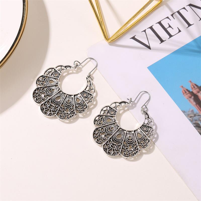 Retro Carved Flower Geometric Antique Clip-On Earrings for Women