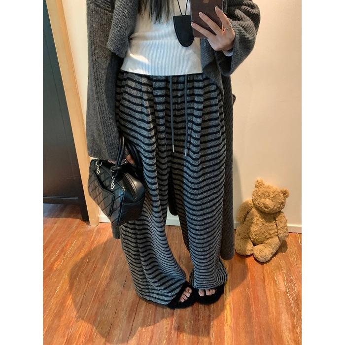

Grey striped casual pants women s new summer wide-leg pants drape lazy loose floor mopping straight trousers S