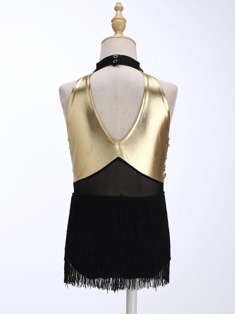 Mädchen Cha-cha Salsa Performance-Leotard: Ärmelloses Neckholder-Kleid mit Pailletten und Fransen, Netz-Taille, Schlüsselloch, Metallic-Rücken für Bühnenkostüm