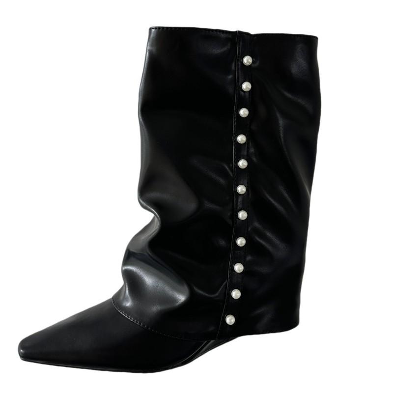 Tai Cool Fried Street Pant Pants Boots Are Popular This Year, Pearl White Pointed Wedges But Mid-knee Boots