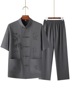 Men's Tang Suit Summer Two-Piece Set: Short-Sleeved, Chinese Style Outfit for Middle-aged and Elderly