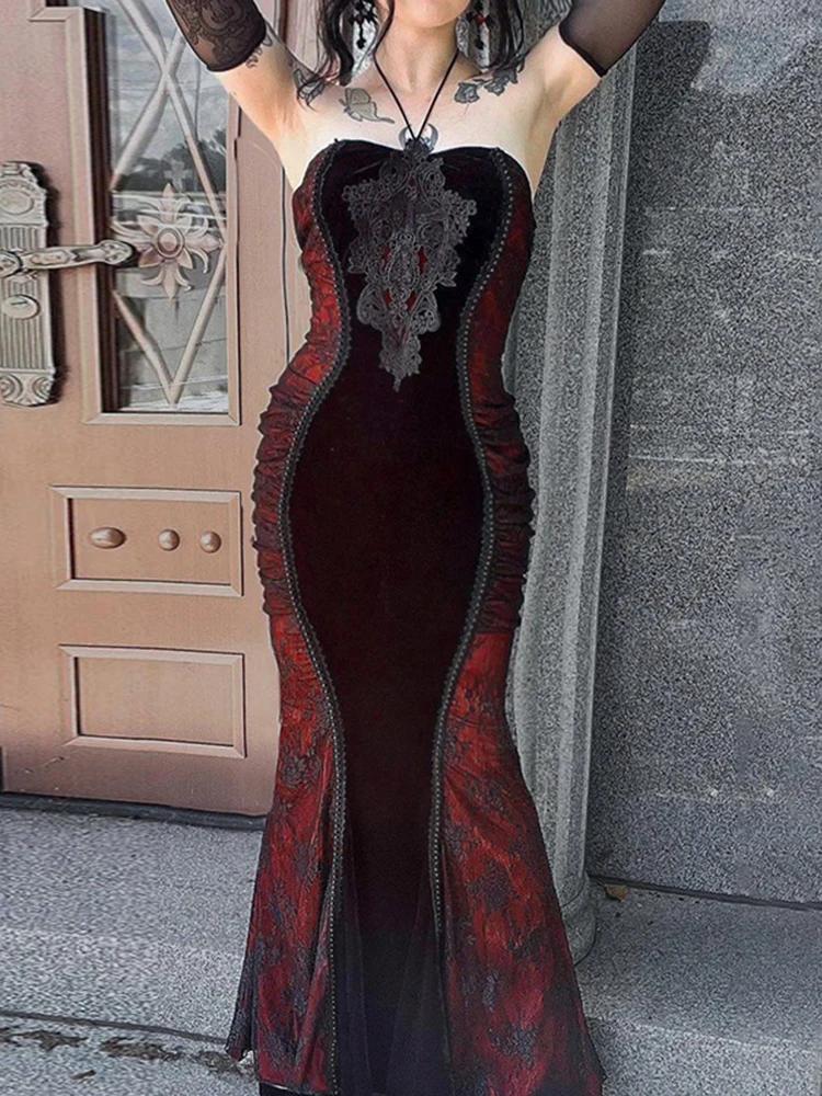 

AltGoth Хэллоуин Готическое платье миди Женское винтажное темное элегантное Fairycore Гранж Вышитое Лоскутное Платье с бретелью через шею Без Рукавов L