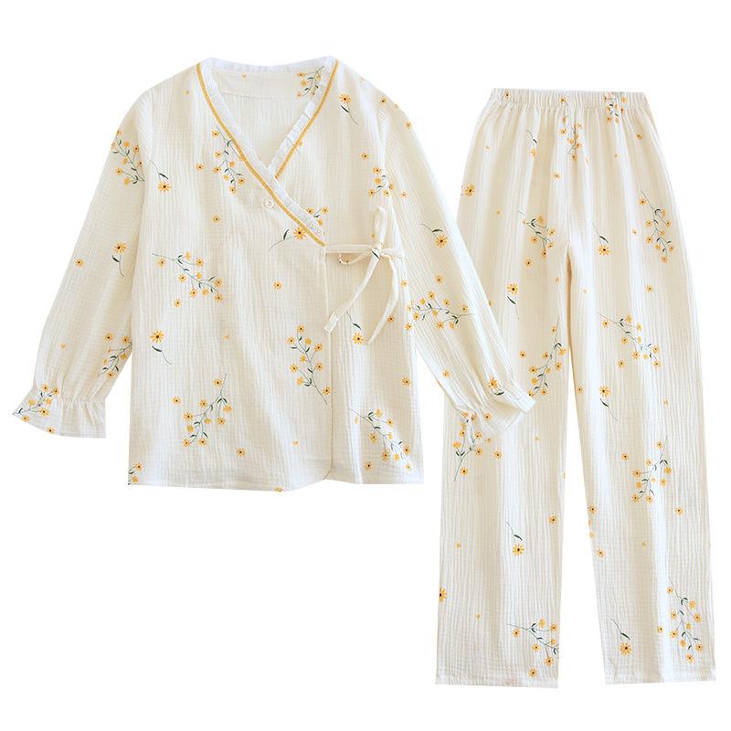 

Пижама-кимоно из хлопчатобумажной марли с длинными рукавами, женский халат с V-образным вырезом, цветочные брюки, пижама, женский костюм, свободный повседневный, из 2 предметов XL