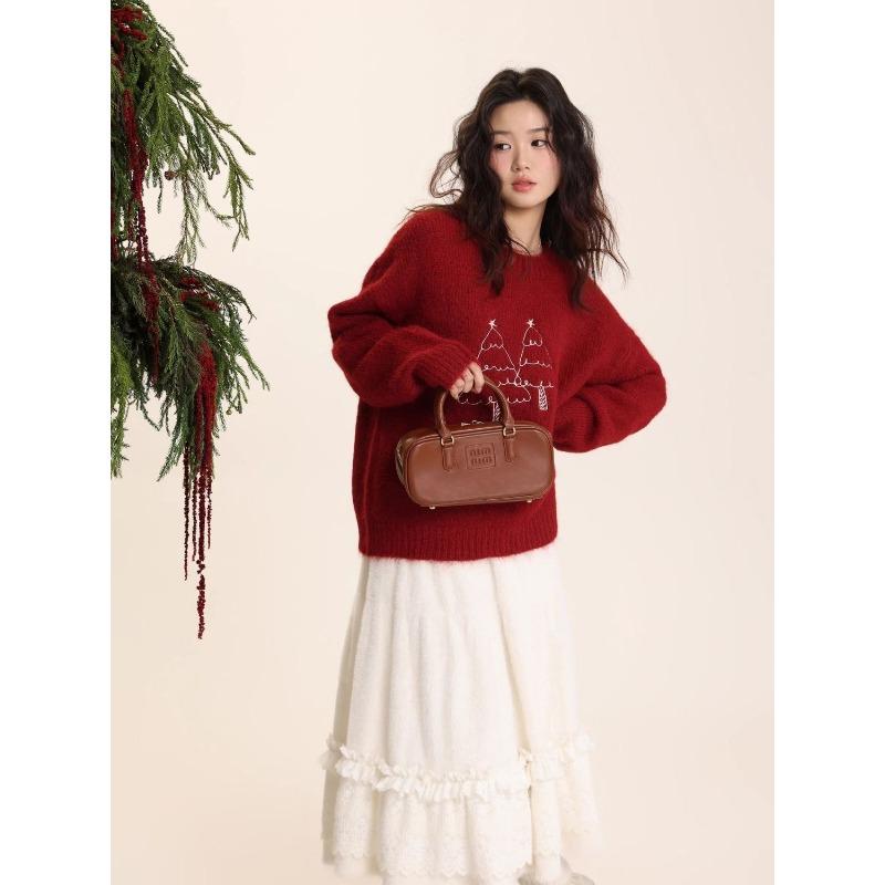 

Женский бордовый оверсайз свитер с вышивкой, повседневный топ с длинным рукавом S красный