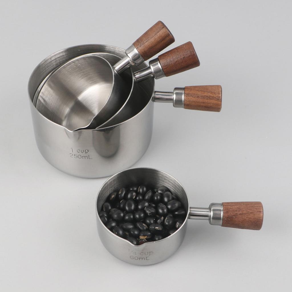 4Pcs Stainless Steel Measuring Cup Stackable Condiment Cups Dipping Sauce Cups with Wooden Handle For Coffee Cooking Baking