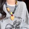 Love Pendant Patchwork Cloth Clavicle Chain Multicolor Wood Bead Necklace Ethnic Style Jewelry Accessories